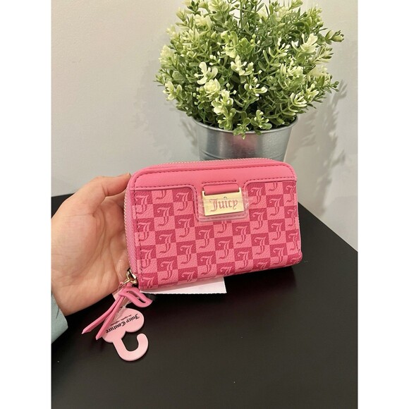 NWT Juicy Couture Miss Juicy Med Double Zip Around Wallet - Pink Lemonade Grid - Picture 1 of 11